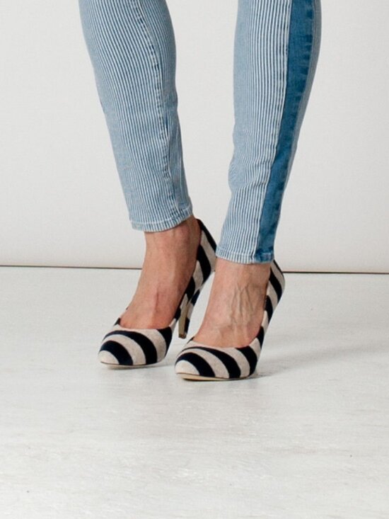 (Handmade) Shoes - NYC Designer HANDMADE Striped Terry Velvet & Genuine Leather Heeled Pumps NEW